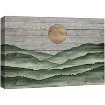 PixonSign Canvas Print Wall Art Sage Green Mountain Range Nature Wilderness Woodblock Illustrations Decorative Multicolor Landscape Wood Panels Country/Farmhouse - 24"x36"