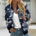 thumbnail image 2 of VINUSLI Bomber Jackets for Women Trendy 2025 Full Zip Up Coats Fall Fashion Floral Print Long Sleeve Thin Outerwear with Pockets Navy,M, 2 of 5