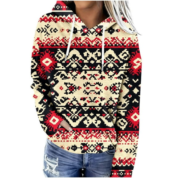 Women Aztec Hoodie Ethic Style Cowgirl Sweatshirts Vintage Geometric Hooded Pullover Tops Western Graphic Shirts