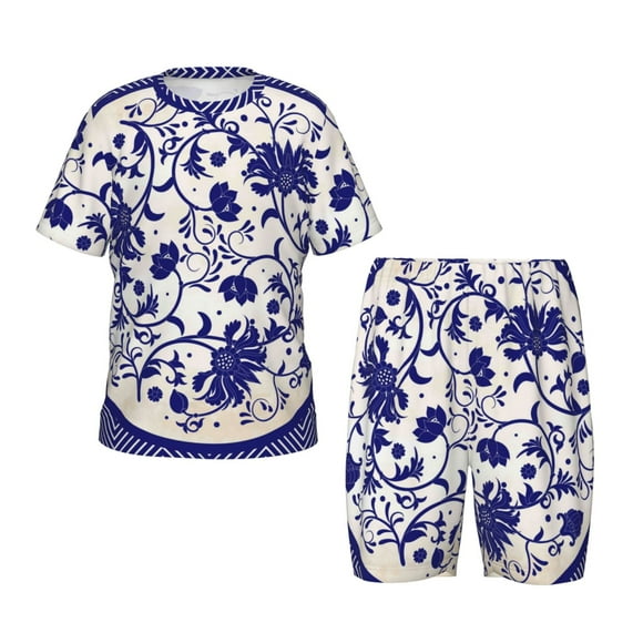 Balery Blue And White Porcelain Pattern Conjunto de Pijama Infantil de Manga Corta con Estampado – Ropa de Dormir de Algodón Suave-4X-Large