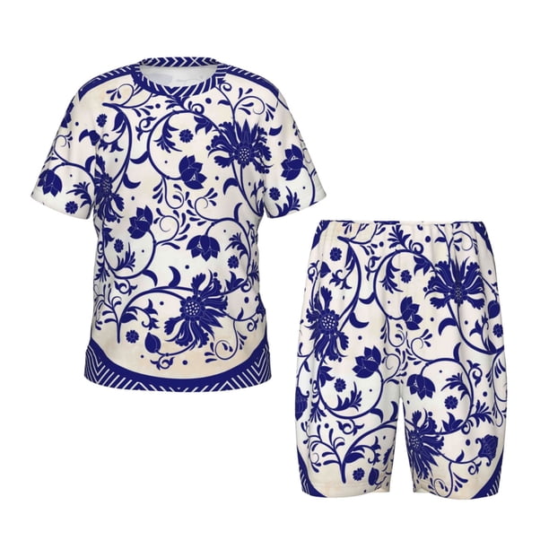Balery Blue And White Porcelain Pattern Conjunto de Pijama Infantil de Manga Corta con Estampado – Ropa de Dormir de Algodón Suave-X-Large