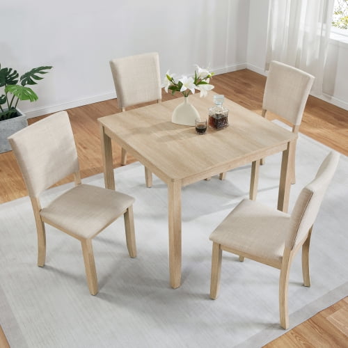 taoruifang 47.3" Square  Dining Set with 4 Upholstered Dining Chairs,5pcs Wooden Dining Table Set for Living Room, Kitchen and Dining Room, Liaght Oak   Beige