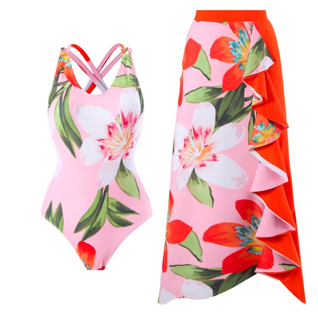 Gibobby Traje de baño de una pieza Traje de baño de 1 pieza para mujer+1 pieza para cubrir traje de baño de dos piezas con estampado vintage Monokini Bik(Rosa,G)