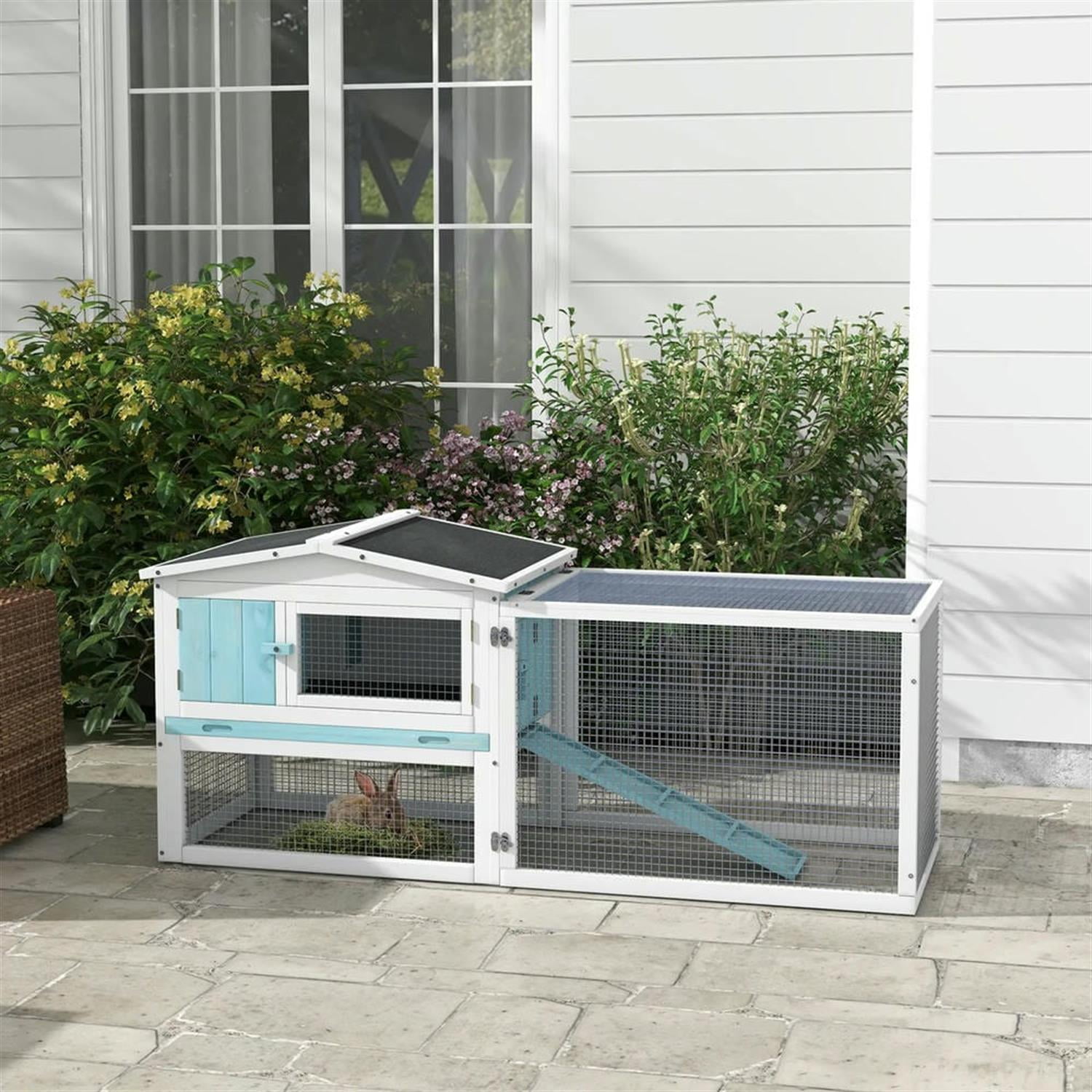 Kadyn 61" 2-Story Wooden Rabbit Hutch with Slide-out Tray, Outdoor Small Animal Habitat Enclosure Bunny Cage for Bunnies, Guinea Pigs, Blue