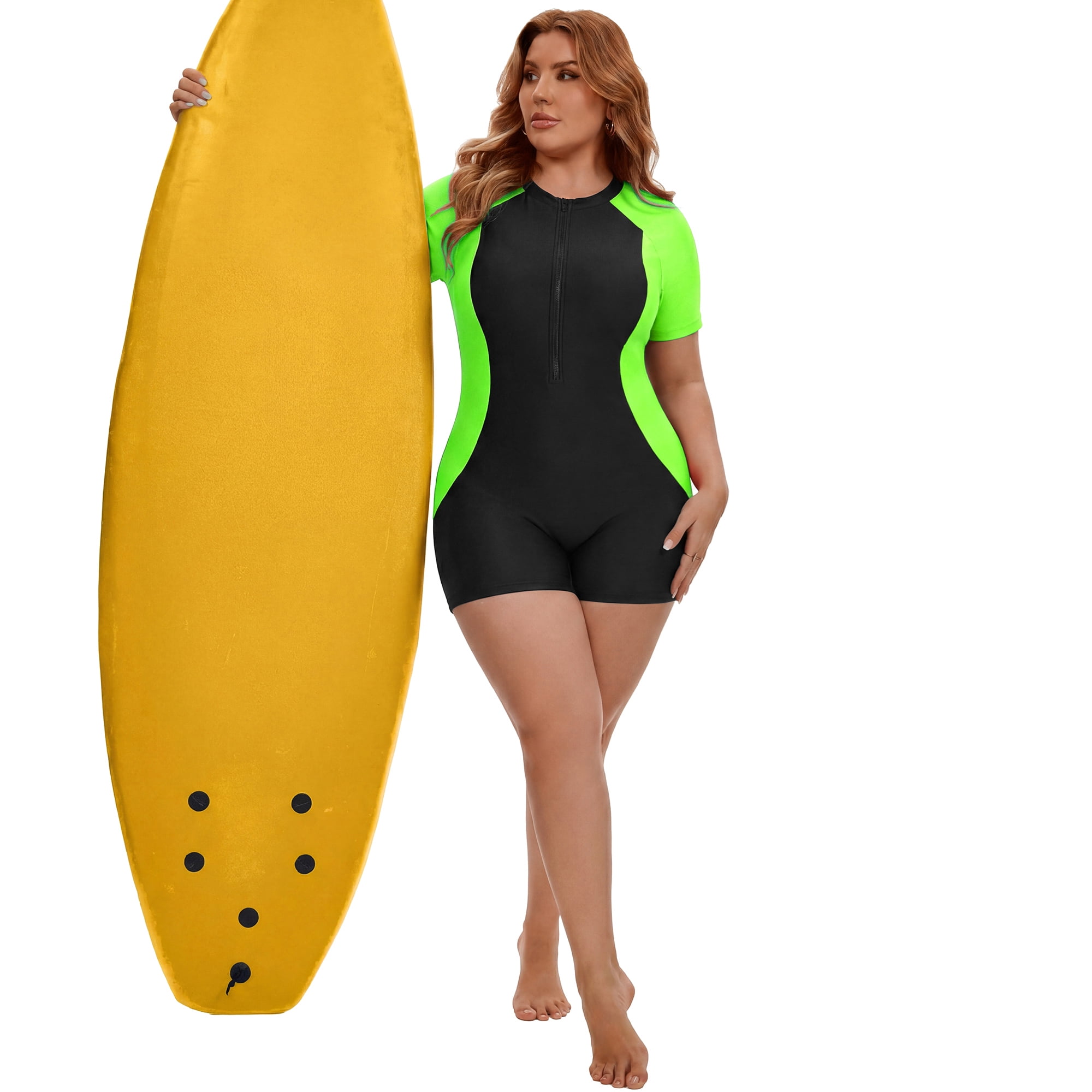 DARING DIVA Women's Plus 1 Piece Zip Front Short Sleeve Swimsuit 4X Black Green