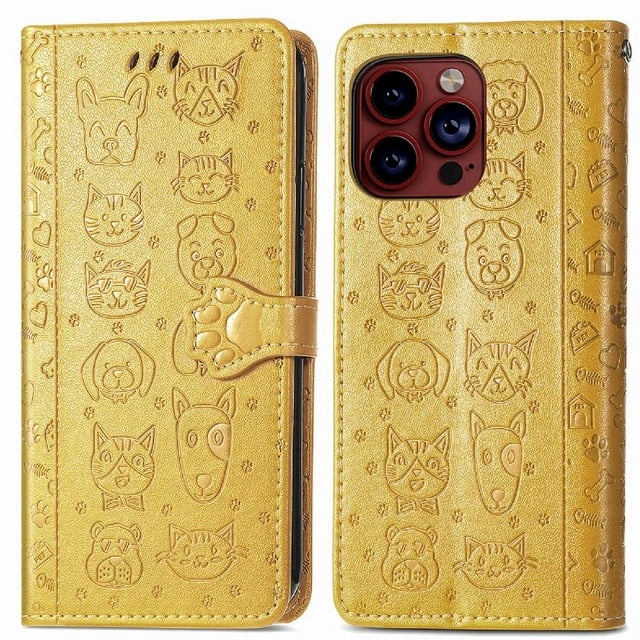 Funda Cartera FOXDOCK para iPhone 15 Pro , Flip PU con Relieve de Gatos y Perros, Tarjetero y Soporte