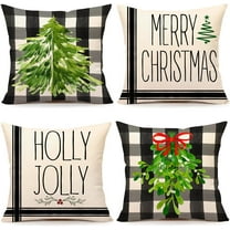 Christmas Pillow Covers 18x18 Set of 4 Black White Buffalo Plaid Farmhouse Christmas Decorations Green Mistletoe Holly Jolly Winter Holiday Decor Throw Cushion Case for Home Couch TH051-18