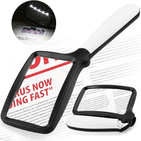Folding Handheld Magnifying Glass with Light, Rectangle Reading Magnifier with Dimmable LED for Seniors with Macular Degeneration, Newspaper, Books, Small Print, Lighted Gift for Low Visions