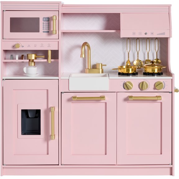 Best Choice Products Pretend Play Kitchen with Espresso Machine - Pink 502C with Herringbone