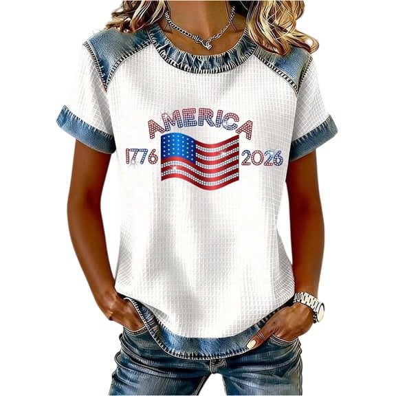 Trgacdwlo Waffle 1776-2026 250th Anniversary Shirt Flag Print Independence Day Women Graphic T Shirt Celebration Womens 4th of July Tops