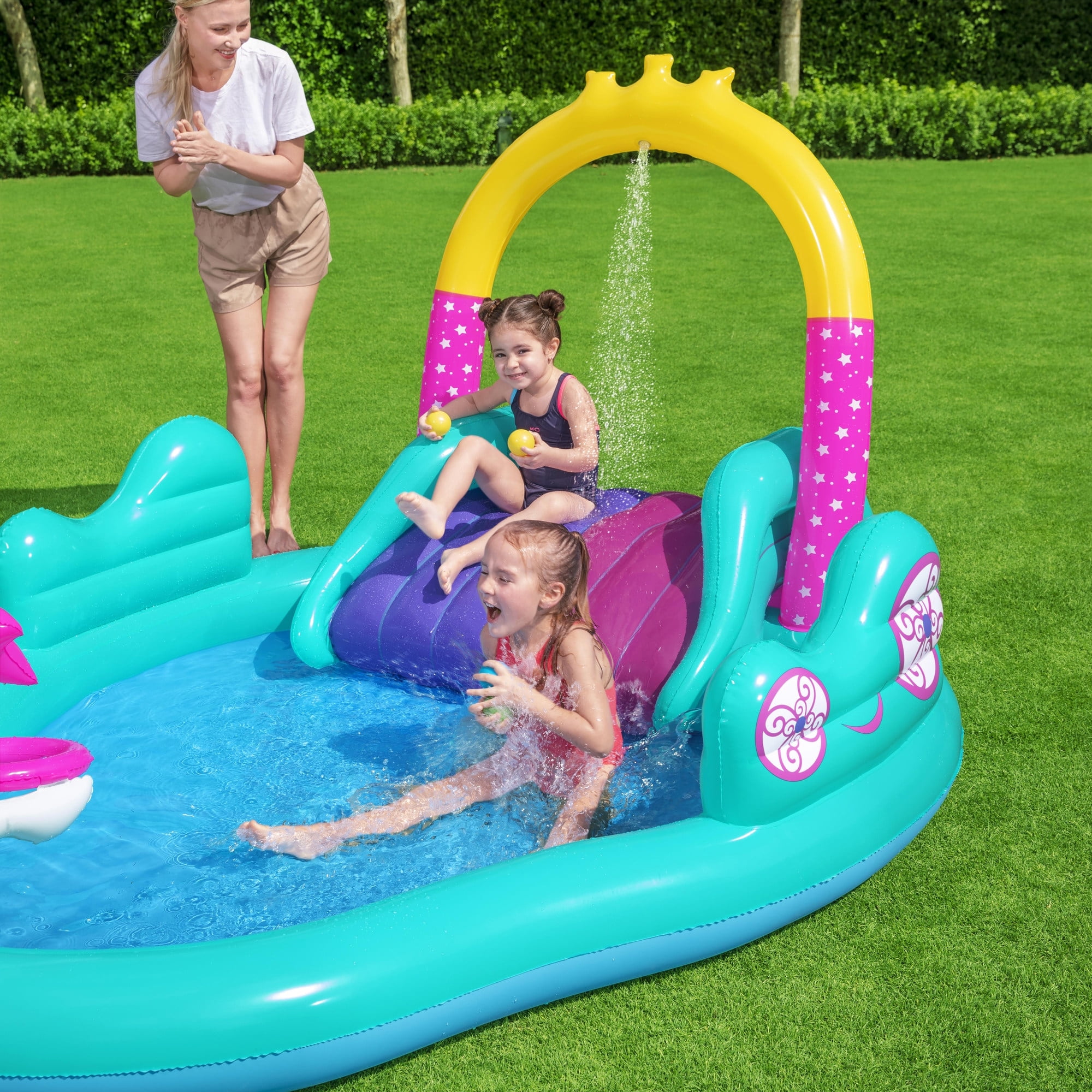 Bestway: H2OGO! Magical Unicorn Carriage Play Center - 9' Multicolor Inflatable, Kiddie Wade Splash Pool, Water Slide, Arch Sprayer, Toddler & Kids 2+