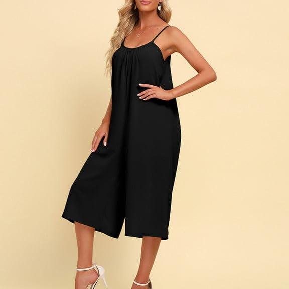 CLOISE Wide Leg Rompers For Women Plus Size Wide Leg Capri Jumpsuits Sleeveless Spaghetti Solid Crew Neck Jumpsuits Casual Loose Wide Leg Palazzo Cropped Pants Lounge Romper Fashion Black
