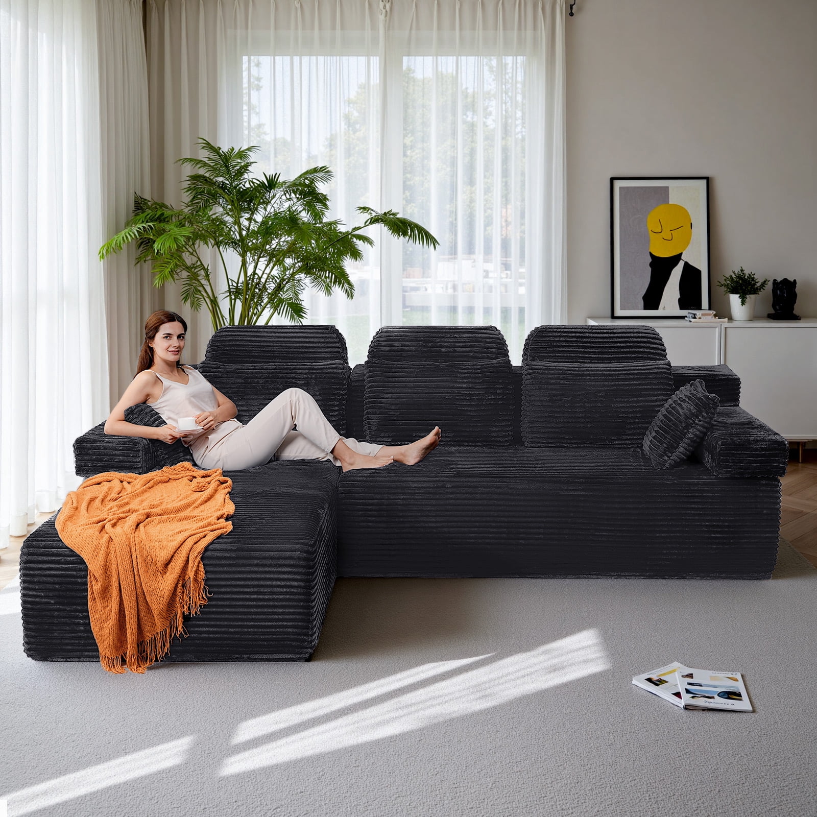 106" High Backrest Sectional Sofa&Couch, L-Shape Sectional Sofa Convertible Left or Right Chaise, Cloud Corduroy, Boneless Couches Comfortable for Living Room, Dark Grey