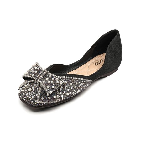

Faux Rhinestone & Faux Pearl Bow Tie Flat Shoes Square Toe Lightweight Soft Sole Shoes Slip On Shoes