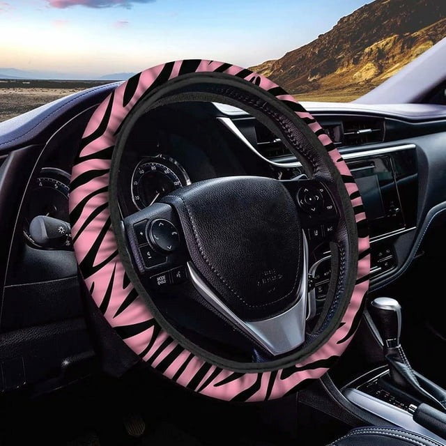 Pink Zebra Print Car Steering Wheel Covers Stretch-on Fabric Machine Washable Women Neoprene Auto Steering Wheel Covers Trucks Sweat Absorption Comfort Grip for Driver Black Pink Stripes