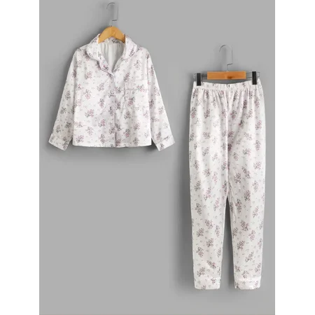 

2 Pcs Autumn & Winter Girls Casual Lapel Floral Print Long Sleeve Pants Pajama Set