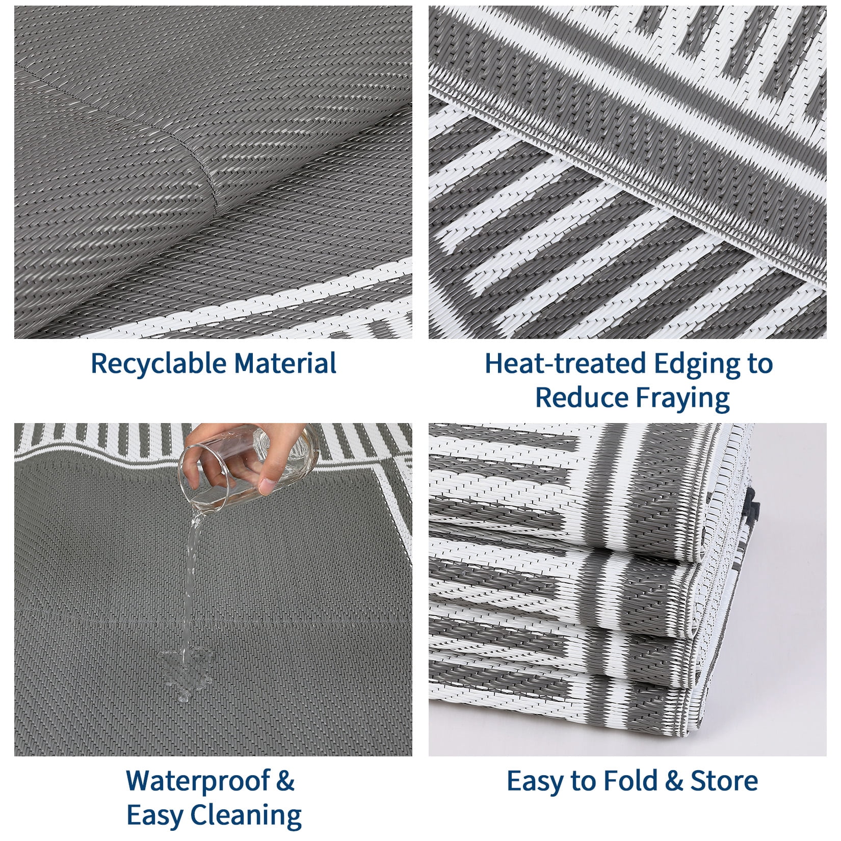 Garvee 9'x12' Outdoor Rug Waterproof Plastic Straw Rug, Modern Bordered Outdoor Carpet UV-Resistant Reversible Mat for Patio RV Deck Beach Porch, Gray and White