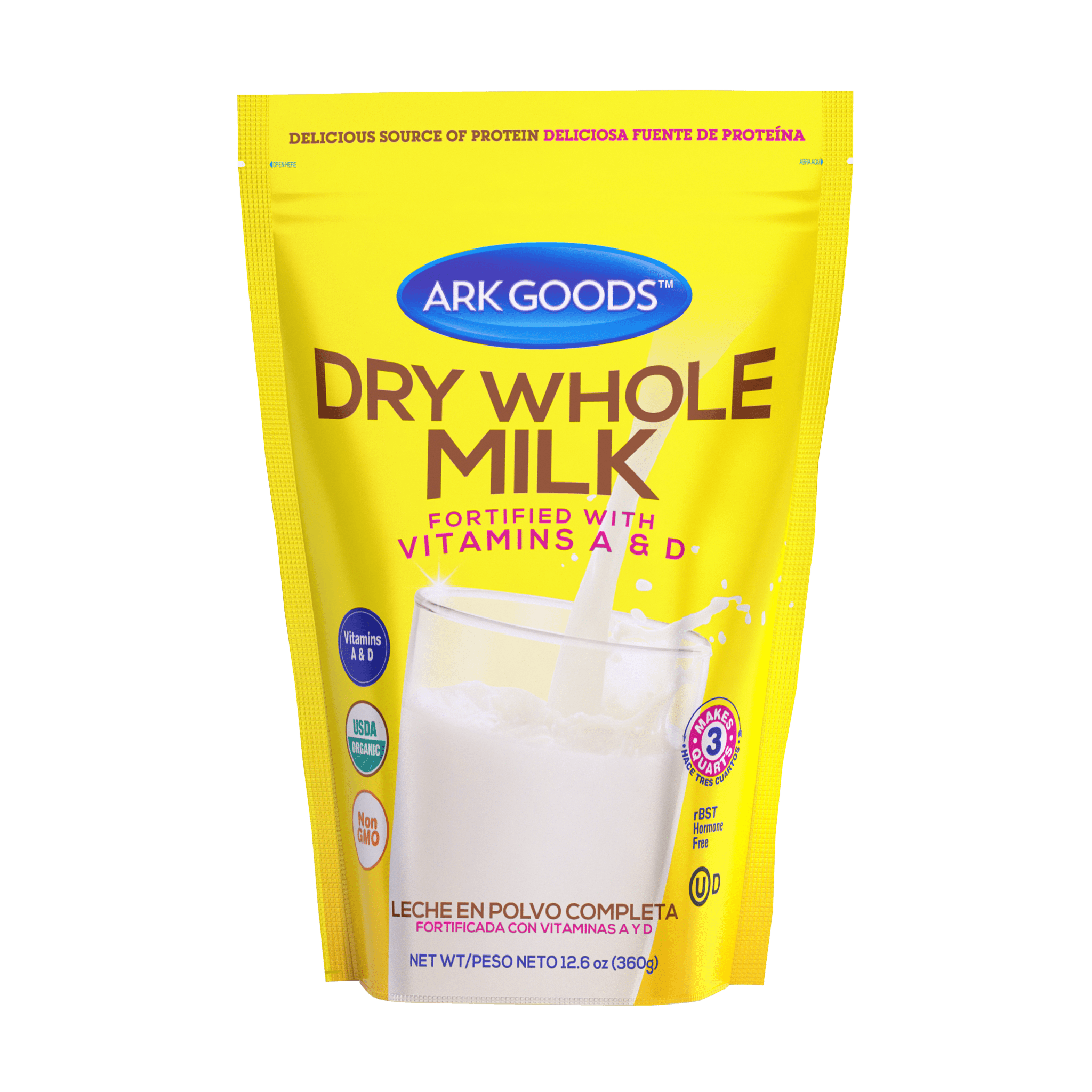Ark Goods Dry Whole Milk Fortified with Vitamins 12.6oz (360g), No Added Sugar, Grade A Milk, Kosher, 100% Powdered Milk, Non-GMO, Milk Powder