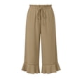 thumbnail image 7 of Qgtaibl Women's Elastic Waist Cotton Capri Pants Fashion Drawstring Ruffle Hem Lounge Cropped Pants Summer Loose Fit Flowy Beach Wide Leg Pants with Pockets Khaki S, 7 of 7