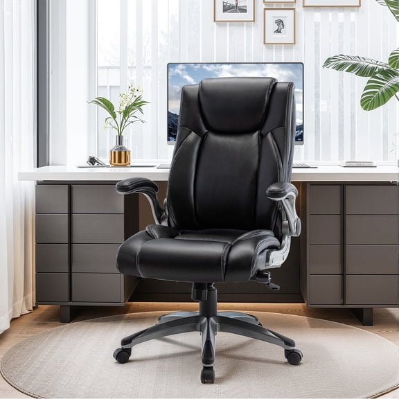 AFO Executive Ergonomic High Back Leather Office Desk Chair with Flip-Up Armrests and Adjustable Lumbar, Black