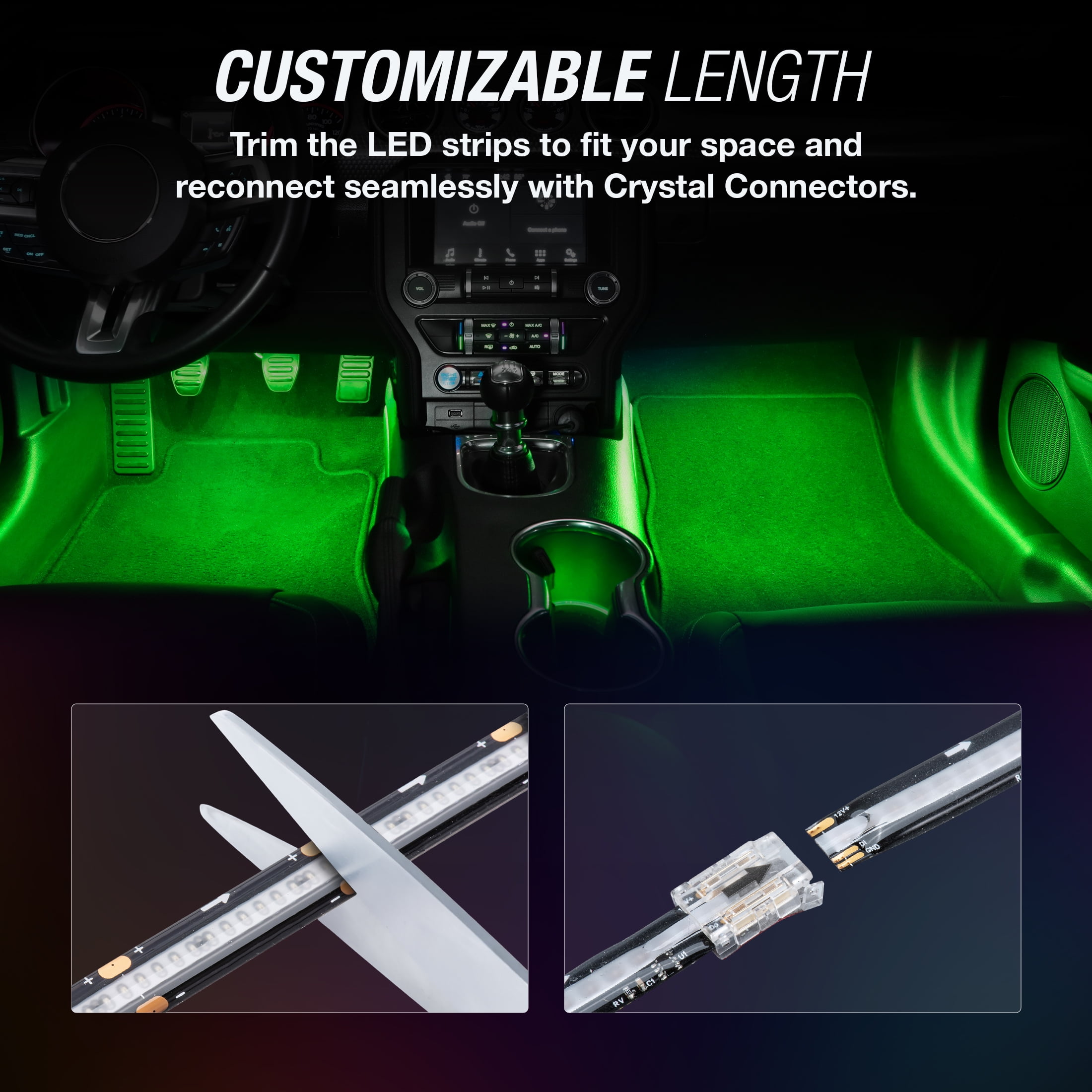 (2 pack) TYPE S - Infinite Glow Green LED Ambient Lighting - Car LED Strip Lights, Light Sync Technology, 3M Adhesive, Trimmable, 12V, 2 x 12" Green Strips, 24 inches