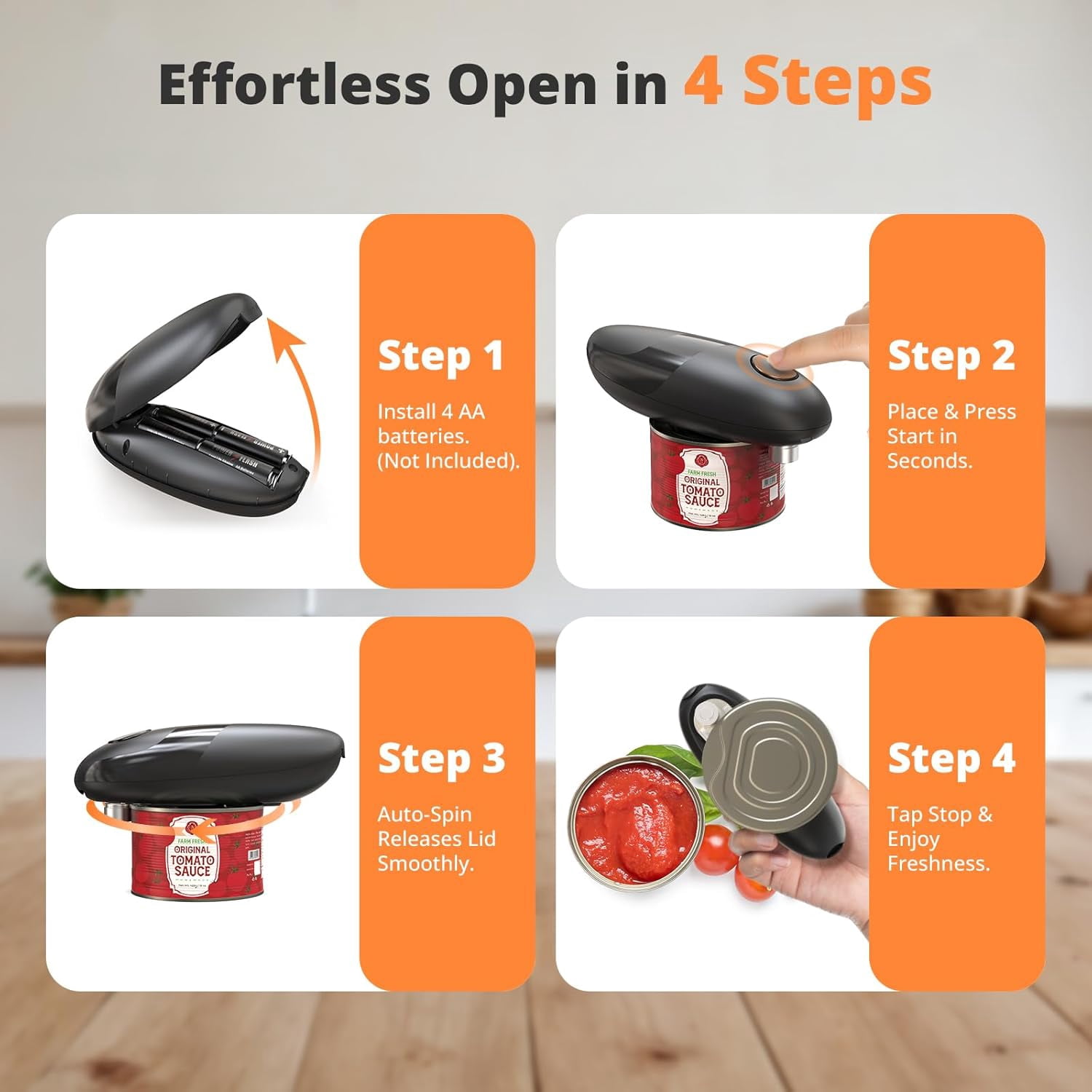 Behome Electric Can Opener, One Touch Automatic Kitchen Can Opener for Seniors with Arthritis, Hands Free & Smooth Edge, Battery Operated, for Any Size Can, Black