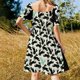 thumbnail image 5 of Vestido negro de manga corta con diseño de gatos en una celosía. Vestido holgado de verano para mujer., 5 of 7