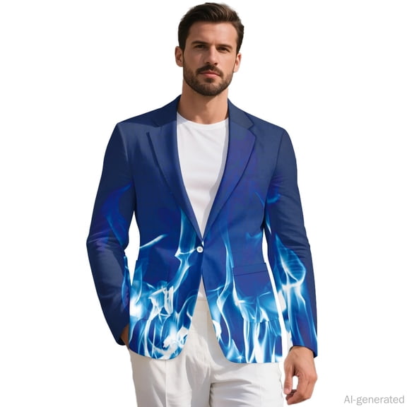 HELLHERO One Button Mens Blazer Slim Fit One Button Front Suit Jacket, Blue Flame Polyester With Pockets Business Casual Suit for Office Work