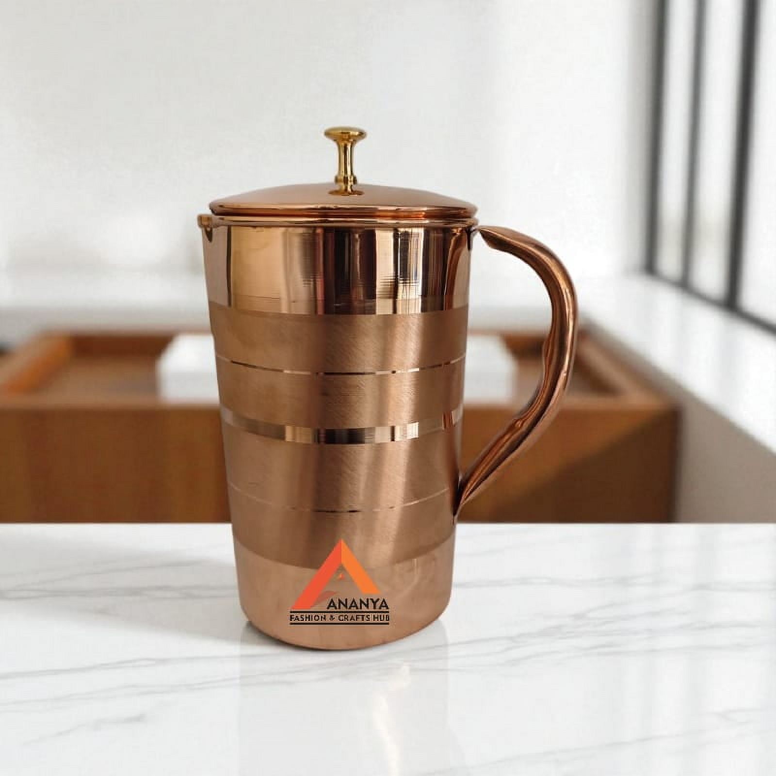 Ananya Fashion and Crafts Hub Pure Copper Water Jug with Brass Knob Top 1.5 Litre (1500 ml) + 6 Tumbler (300 ml) Silver Touch Ayurveda Health Benefits Pitcher Set of 7