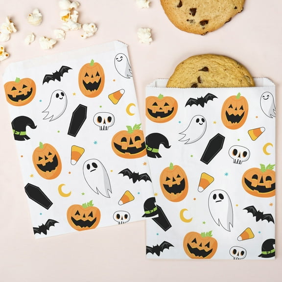 Big Dot of Happiness Jack-O'-Lantern Paper Treat Bags, Kids Halloween Individual Candy Snack Favors, Greaseproof White Sandwich Cookie Bags - 25 Count