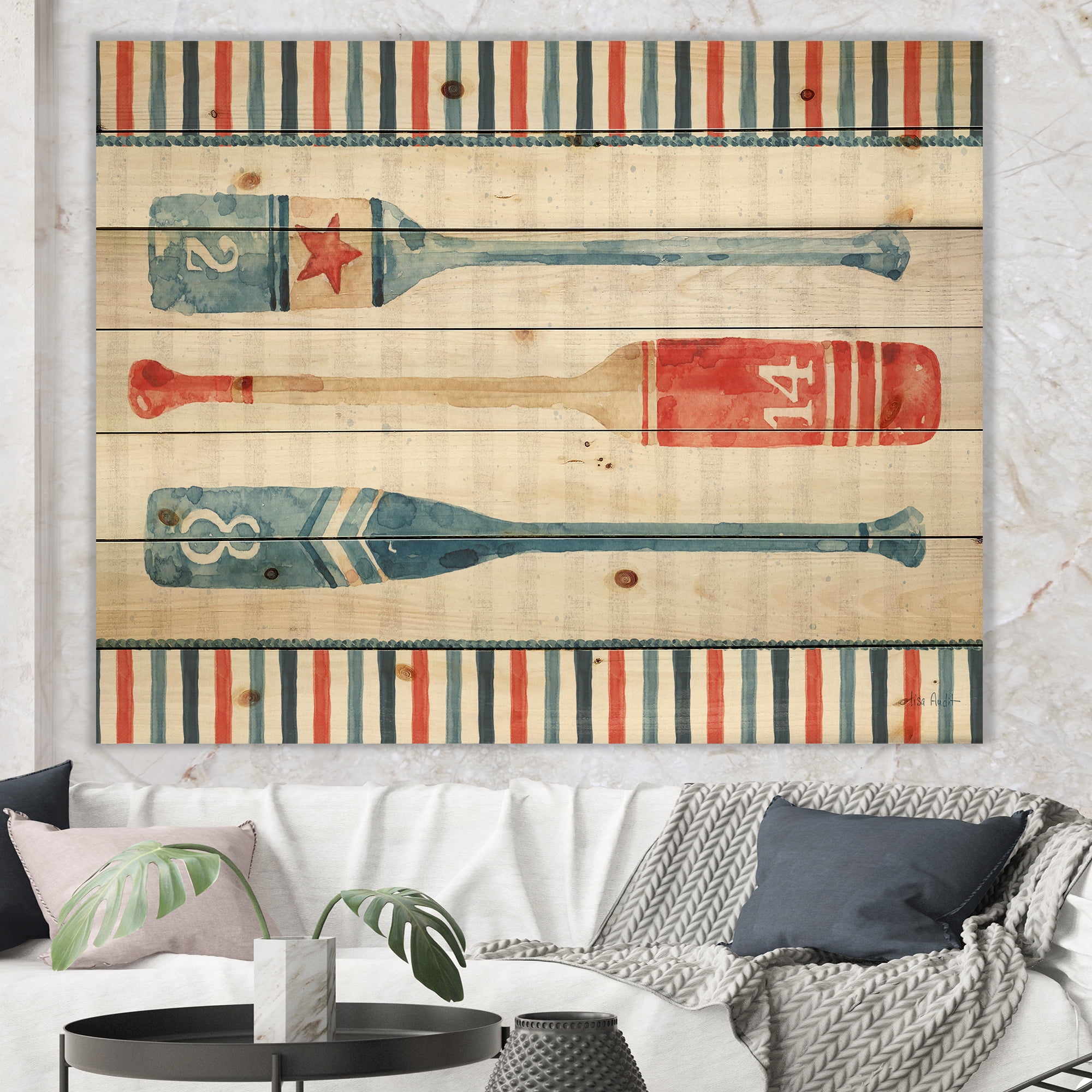 Designart 'Watercolor Nautical paddles' Nautical & Coastal Print on Natural Pine Wood