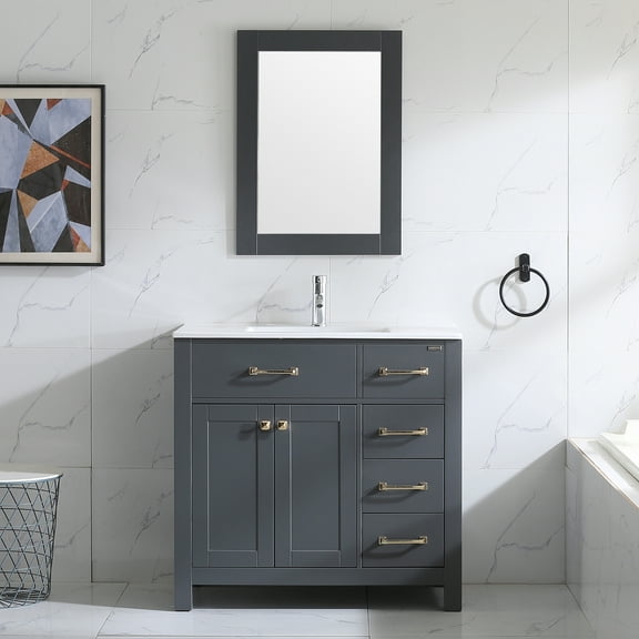 Wonline 36inch Transitional Vanity for Bathroom Cabinet & Undermount Ceramic Vessel Sink Shaker Vanity Set Gray