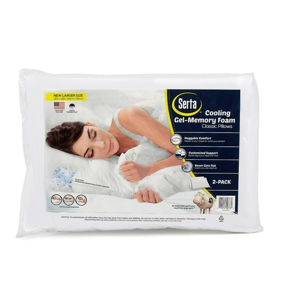 Serta Gel Memory Foam Pillows (Set of 2) Standard 20 x26 Cooling Technology Plus Bonus Pillow Protectors-(Set of 2)