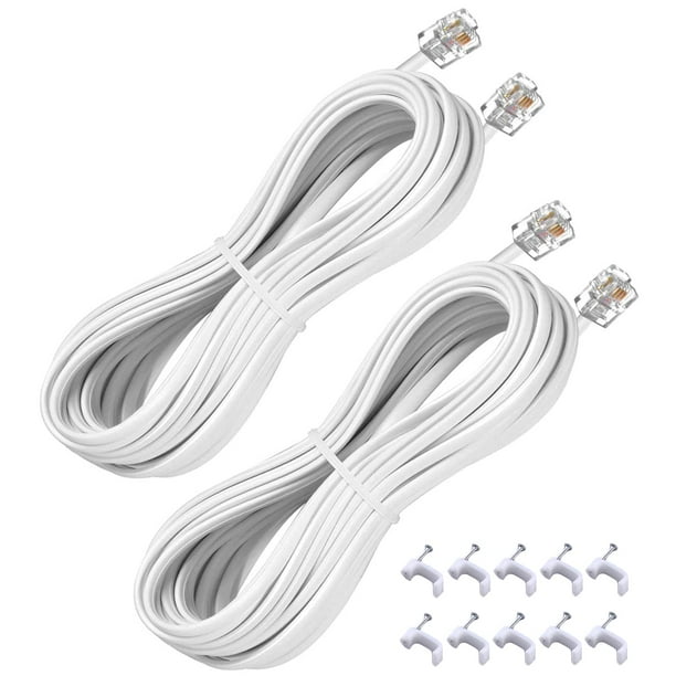 YIENFBEV Cable de extensión telefónica de 15 pies Cable de línea telefónica fija con enchufes RJ11 6P4C Incluye clips para cables - Blanco - Paquete de 2