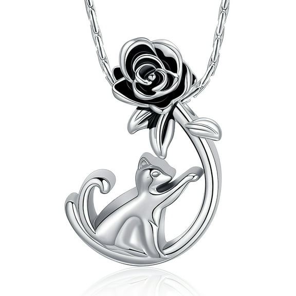 Rose Flower Little Cat Urn Pendant with Chain Cremation Jewelry for Ashes Holder Pet Memory Necklace