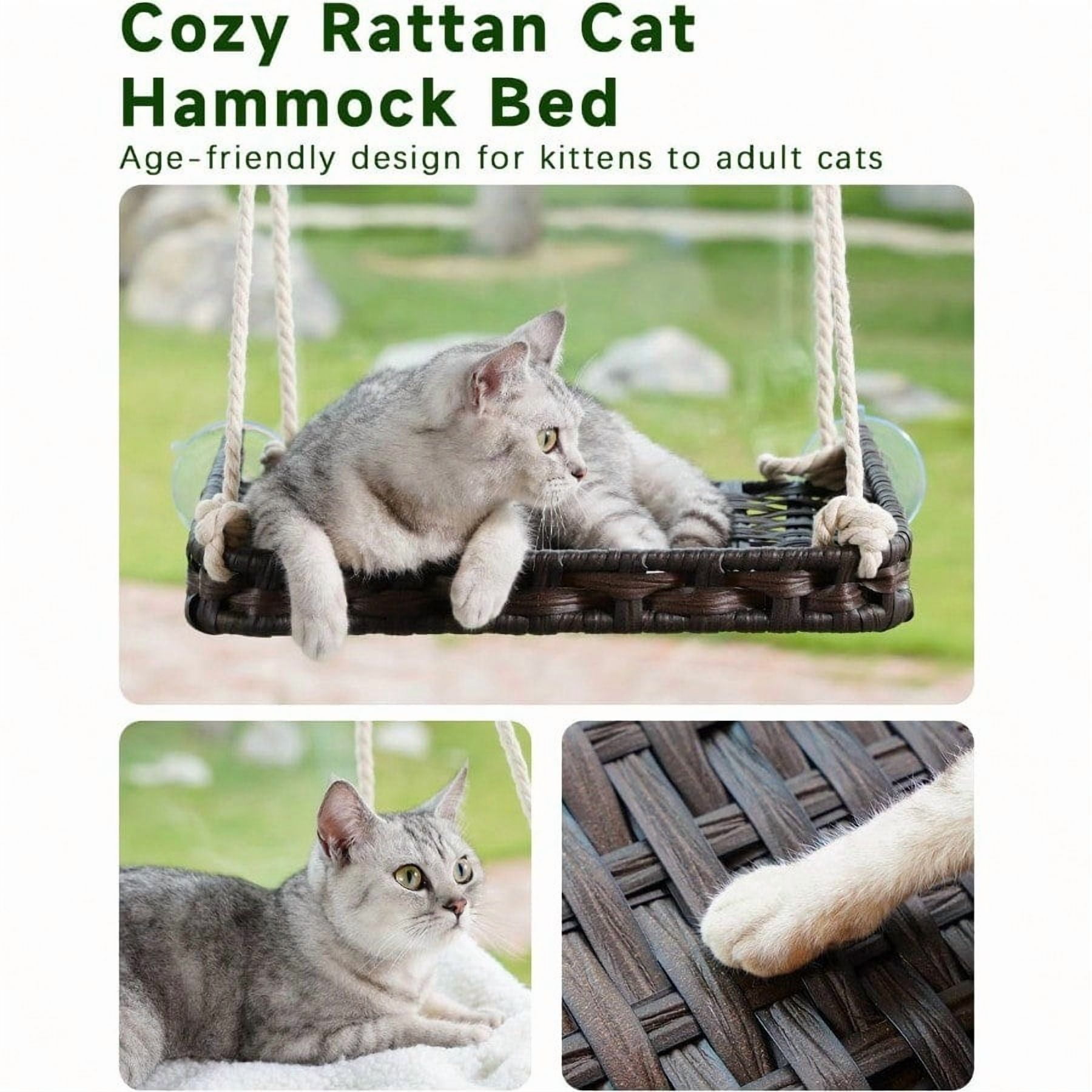 Cat Window Perch Cat Window Hammock Bed for Indoor Cats Large Handwoven PE Rattan Window Seat 4 Suction Cups Double Sided Washable Cushion Bed 2.3 Inch Fence Shelf for Pet Kittens Brown