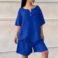 thumbnail image 3 of Two Piece Sets For Women Summer Linen Casual Outfit Plus Size Loose Fit Short Sleeve Shirts & Wide Leg Shorts Sets,Blue,XL, 3 of 7