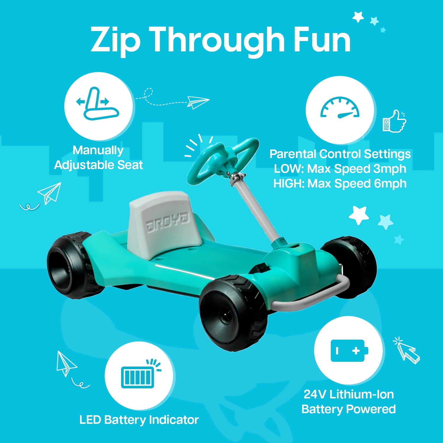 Droyd Zypster Electric Go-Kart, 24V Battery, 2-Speed, Electric Go