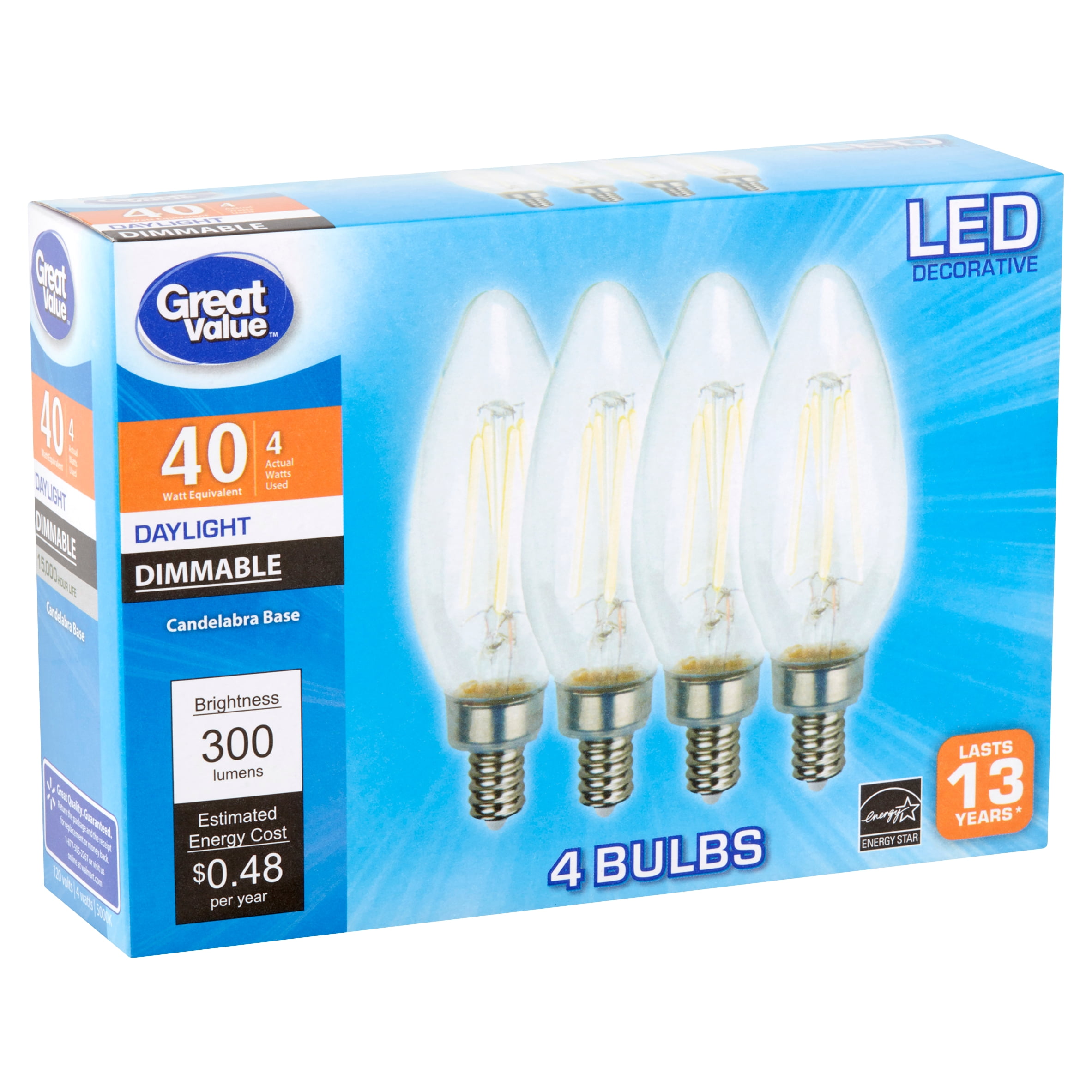 Great Value LED Decorative 4 Watts Daylight Candelabra Base Bulbs, 4