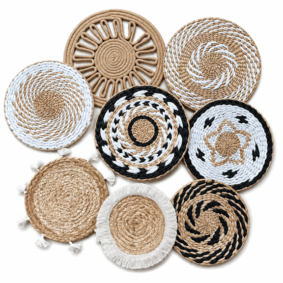 8 Pcs Boho Wall Basket Decor,Multi Size Handmade Seagrass Wicker Wall Decor, Round Woven Wall Decor,Natural Farmhouse Wall Decor for Rustic Home Und Living Room Wall Ornament