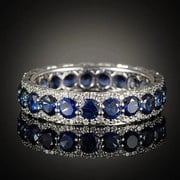 2.25 Ct Round Simulated Blue Sapphire Women's Wedding Full Eternity Band Ring 925 Sterling Silver