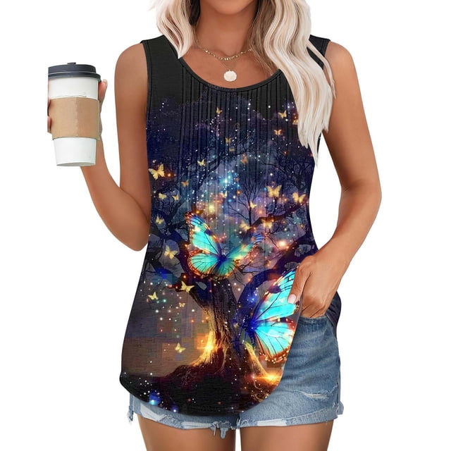 YUGYXL Débardeurs d'Entraînement pour Femmes Grande Taille Mode Imprimé Débardeurs Tee Été Léger Sans Manches Chemises Coupe Ample Col Rond Blouse Multicolore,XXXXXL