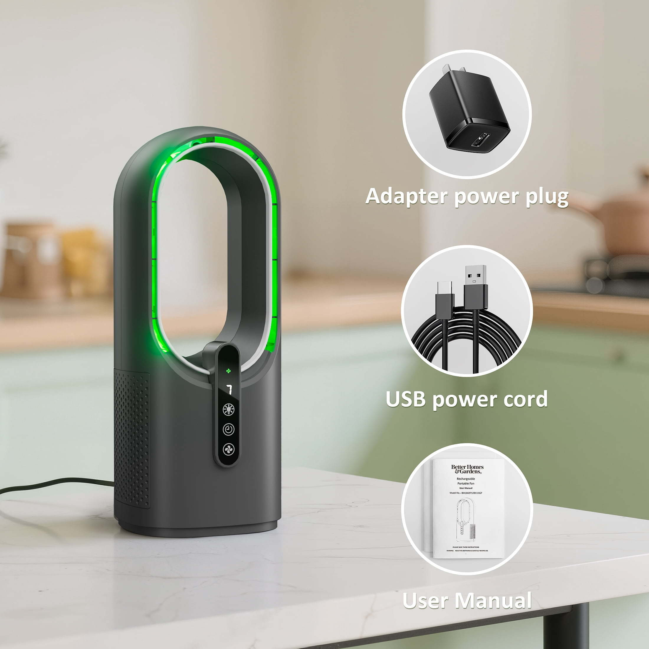 Better Homes & Gardens Bladeless Cooling Fan with LED Light, Quiet Desk Fan 3 Speeds, Portable Touch Control for Office Home