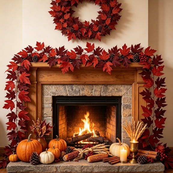 Halloween Red Maple Leaf Garland, 6.5Ft Artificial Hanging Fall Foliage Garlands for Home Party, Thanksgiving, Staircase, Mantel Indoor Outdoor Decoration