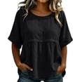 thumbnail image 2 of QUNYINEY Cotton Linen Womens Summer T Shirts Black Short Sleeve Tops Crew Neck Loose Fit Pleated Casual Pullover Shirts, 2 of 6