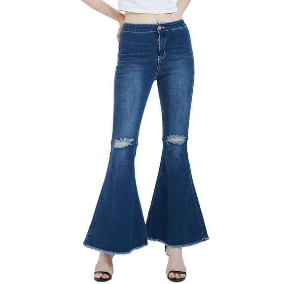 Women's Fashion Ripped High Waist Classic Denim Bell Bottom Jeans, Dark Blue