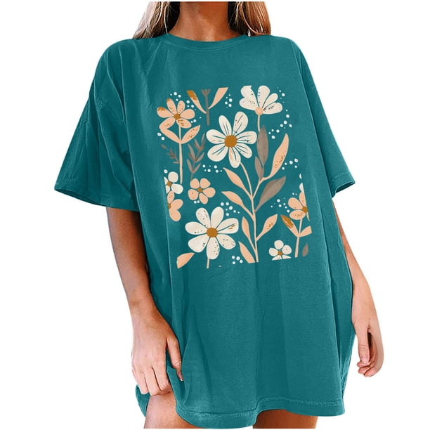 Faldas Cortas para Mujeres, Impresión de Flores Casual Oversized Camiseta de Manga Corta Top Hecho de 95% Poliéster 5% Spandex para Primavera Verano, Falda Corta de Verano