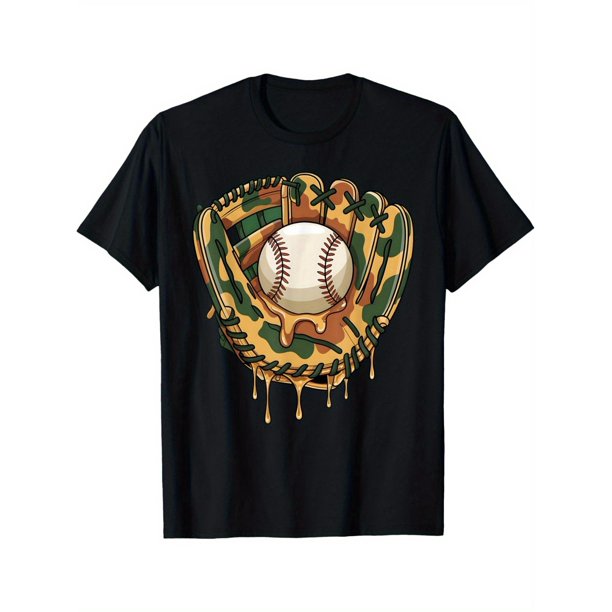 Camiseta de béisbol con estampado de goteo para niño - 100 % algodón, corte regular, diseño de helado goteando, estampado de camuflaje negro y amarillo para uso informal en el día del partido, a par