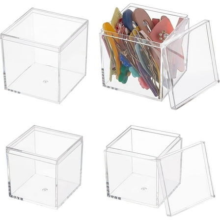 4 Pcs 2 Sizes Clear Plastic Square Cube Small Acrylic Box with Lid Recyclable Gift Boxes for Candy Hair Clip Jewelry Accessories