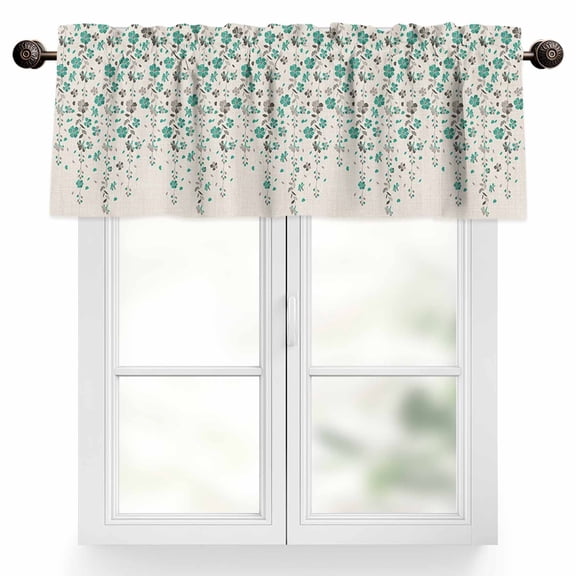 Flower Teal Valances for Windows, 54 x 18in, Grey Cherry Blossoms Cotton Linen Background Rod Pocket Kitchen Valance Curtain Light Filtering Window Treatments for Living Room Bedroom, 1 Panel